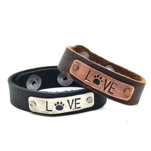 Love Paw Print Leather Bracelet in Brown or Black